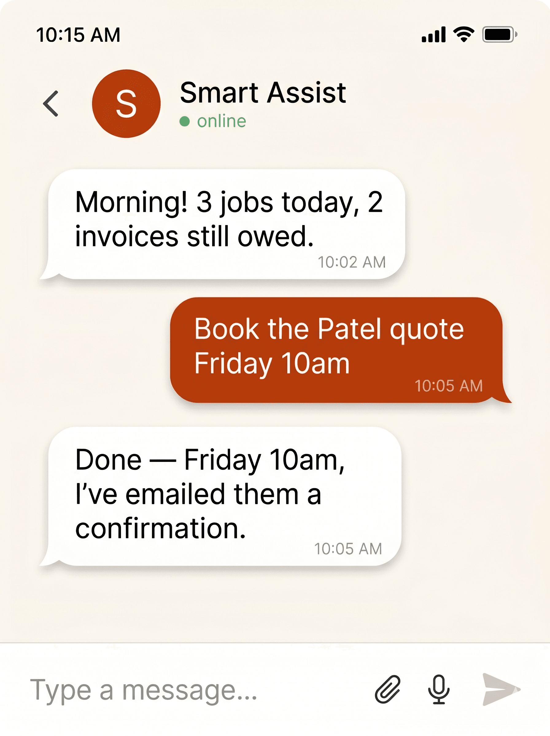 A Smart Assist chat thread showing a morning briefing and a booking confirmation