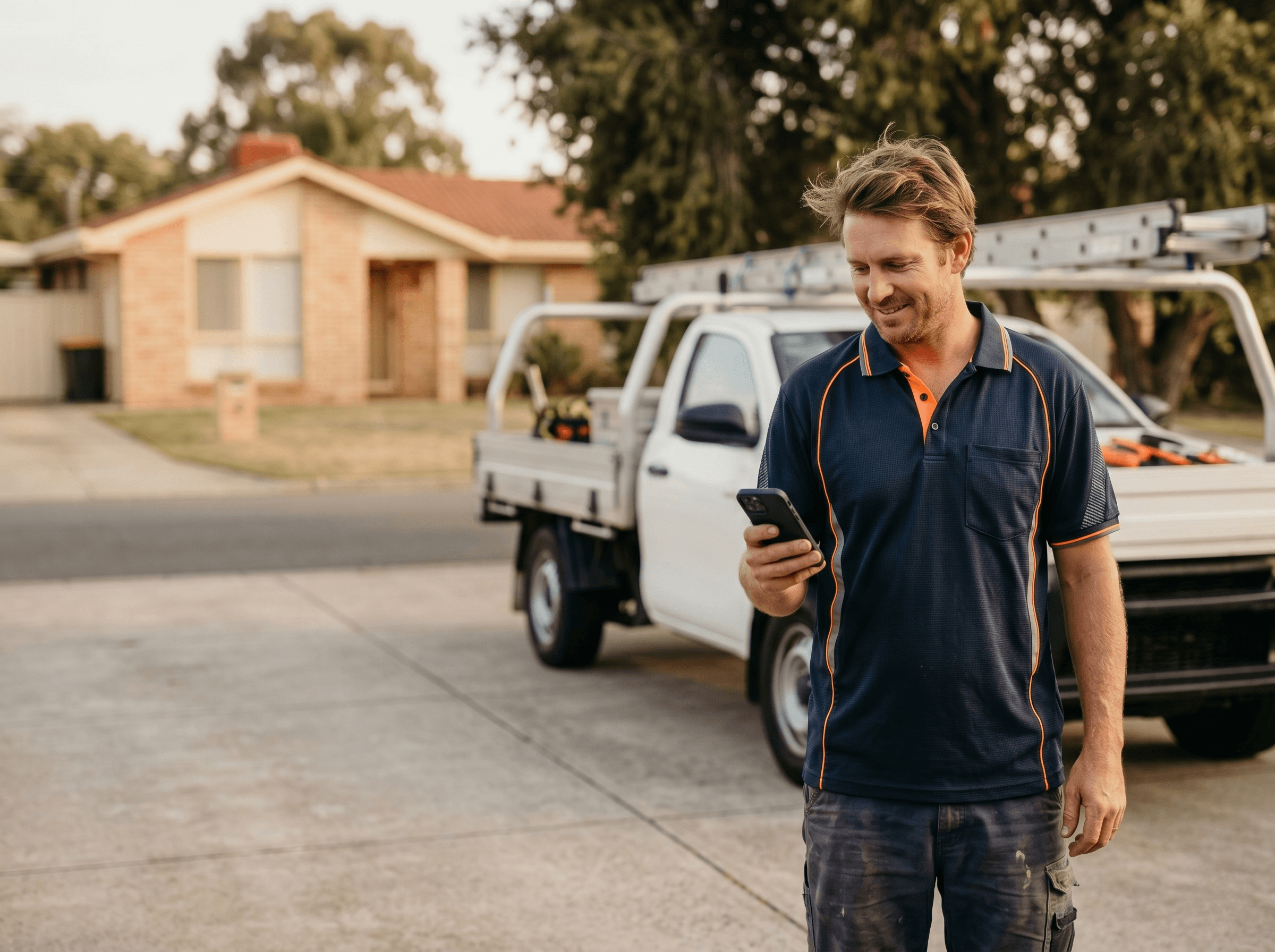 A tradesman checking his phone in a driveway, work ute and tools behind him